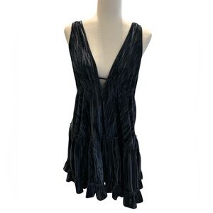 Free People Burnt Blue Velvet Tie-Shoulder Mini Dress with pockets